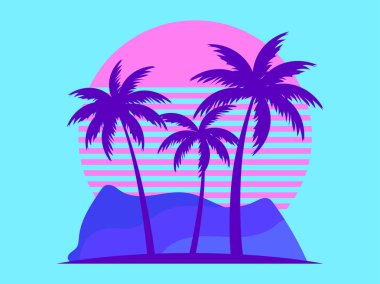 80 'lerin tarzında bir palmiye ağacı pembe bir güneşe karşı. Sentetik dalga ve 80 'lerin tarzı gerileme. Reklam broşürleri, afişler, posterler, seyahat acenteleri için tasarım. Vektör illüstrasyonu