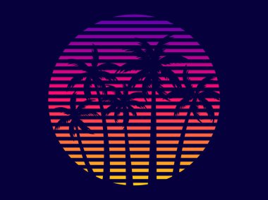Tropical palm trees at sunset in a futuristic 80s style. Summer time, silhouettes of palm trees in synthwave and retrowave style. Design of advertising booklets and banners. Vector illustration