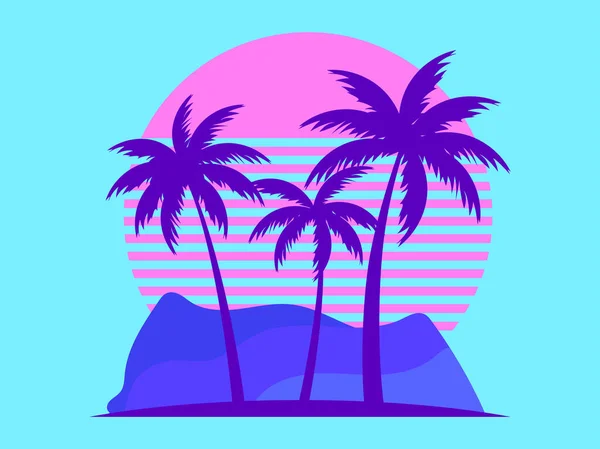 20世纪80年代风格的棕榈树在粉红色的阳光下的映衬 合成波和80年代风格的逆波 设计广告小册子 旅行社 矢量说明 — 图库矢量图片