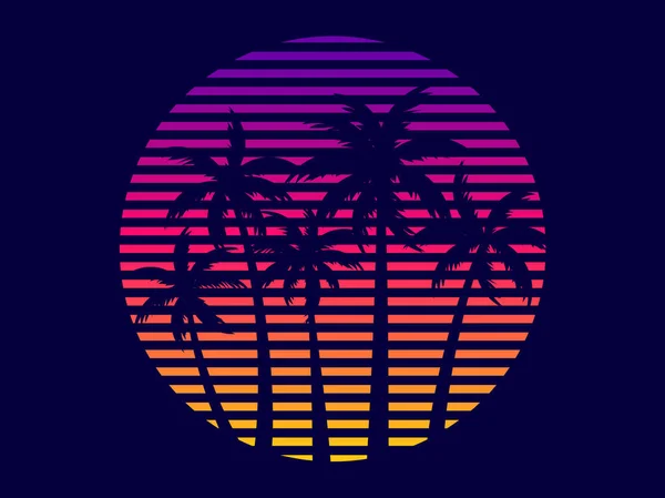 Tropical Palm Trees Sunset Futuristic 80S Style Summer Time Silhouettes —  Vetores de Stock