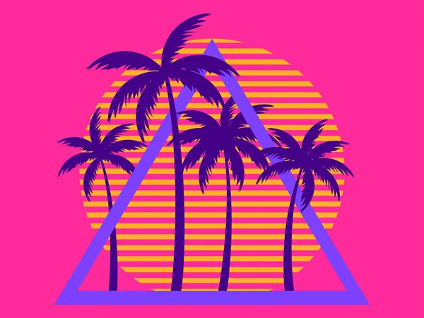 日没の80レトロなSfヤシの木 三角形のフレーム内のヤシの木とレトロな未来的な太陽 シンセウェーブスタイル 広告パンフレット バナー ポスターのデザイン ベクターイラスト — ストックベクタ