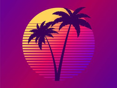80 'lerin modası geçmiş bilim kurgu tarzında iki palmiye ağacı. Yaz zamanı. Gelecekçi güneş retro dalgası. Reklam broşürleri, afişler, posterler, seyahat acenteleri için tasarım. Vektör illüstrasyonu