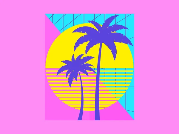 复古的未来棕榈树80年代风格的日落 夏天的时候 棕榈树在阳光的衬托下 综合了海浪的风格 广告小册子和横幅的设计 矢量说明 — 图库矢量图片