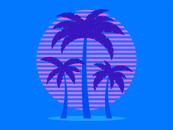 80年代のスタイルでピンクの太陽に対するヤシの木 Synthwaveと80年代スタイルのレター 広告パンフレット バナー ポスター 旅行代理店のためのデザイン ベクターイラスト — ストックベクタ