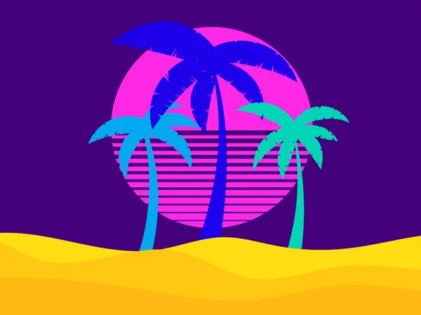 Bunte Palmen Auf Sonnenrosa Hintergrund Minimalistische Wüstenlandschaft Mit Palmen Stil — Stockvektor