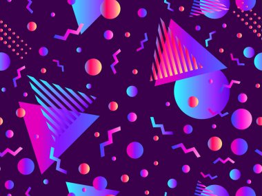 Geometrik gradyan şekilli kusursuz Memphis deseni. 80 'lerin tarzında renkli geometrik desen. Afişler, promosyon ürünleri ve posterler için tasarım. Vektör illüstrasyonu