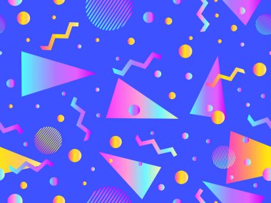 Geometrik gradyan şekilli kusursuz Memphis deseni. 80 'lerin tarzında renkli geometrik desen. Afişler, promosyon ürünleri ve posterler için tasarım. Vektör illüstrasyonu