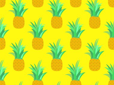 Sarı arka planda ananas deseni var. Yaz meyveleri. Ananas meyvesi. Tişörtler için tropik arka plan, kağıt ve kumaş üzerindeki parmak izleri. Vektör illüstrasyonu