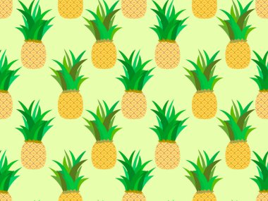 Ananaslı, pürüzsüz desen. Yaz meyveleri. Ananas meyvesi. Tişörtler için tropik arka plan, kağıt ve kumaş üzerindeki parmak izleri. Vektör illüstrasyonu