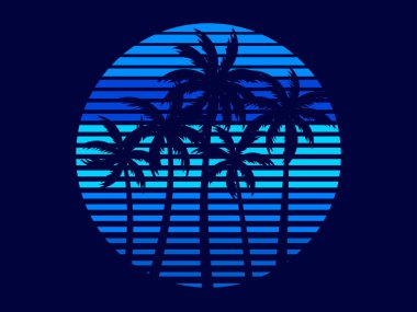 Sunset with palm trees in 80s style. Retro futuristic sun with outline palm trees in synthwave style. Design for printing advertising brochures, banners and posters. Vector illustration