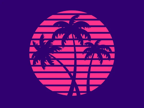 Tropical Palm Trees Sunset Futuristic 80S Style Summer Time Silhouettes —  Vetores de Stock