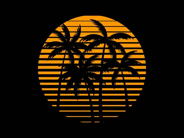 Tropical Palm Trees Sunset Futuristic 80S Style Summer Time Silhouettes — Vetor de Stock