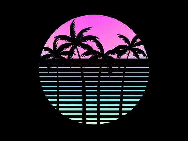 未来的な80年代のスタイルで日没の熱帯ヤシの木 Summer Time Silhouettes Palm Trees Synthwave Retrowave Style 広告の小冊子やバナーのデザイン — ストックベクタ