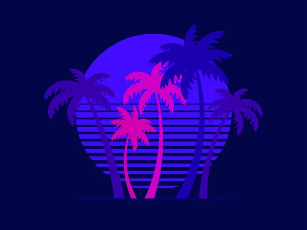 Palmiers Sur Fond Soleil Rétro Dans Style Des Années Soleil — Image vectorielle