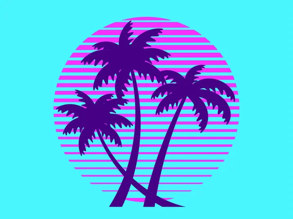 有80年代风格的棕榈树的日落 夏天的派对复古的未来派太阳 轮廓棕榈树合成波风格 用于印刷广告小册子 横幅和海报的设计 矢量说明 — 图库矢量图片