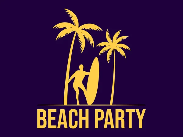 Plakat Beach Party Surferem Deską Surfingową Palmami Sylwetka Surfera Palm — Wektor stockowy