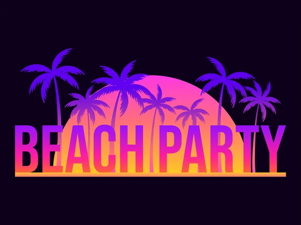 海滩派对海报 有棕榈树和日落黑色背景 渐增的热带棕榈 夏天的时候横幅 小册子和宣传材料的设计 矢量说明 — 图库矢量图片
