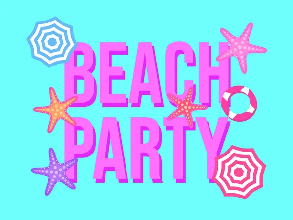 テキスト ヒトデやビーチの傘とビーチパーティーバナー 夏時間だ ビーチの傘のトップビュー バナー 小冊子 販促資料用のデザイン ベクターイラスト — ストックベクタ