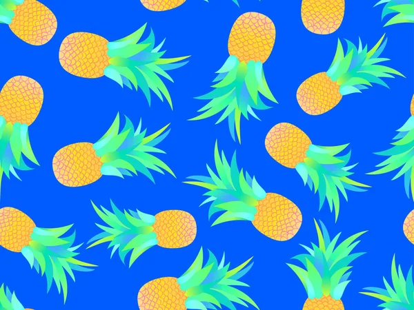 パイナップルシームレスパターン 夏の果物のパターン 青の背景にグラデーションのあるパイナップルフルーツ ポスター 印刷プロモーションアイテムのための熱帯デザイン ベクターイラスト — ストックベクタ