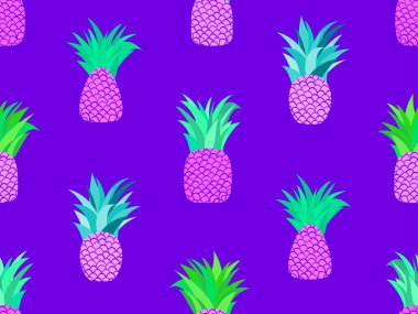 Beyaz arka planda izole edilmiş ananas seti. Yeşil yapraklı mor ananas, tropikal meyve. Pankart, baskı ve tanıtım ürünleri için simge tasarımı. Vektör illüstrasyonu