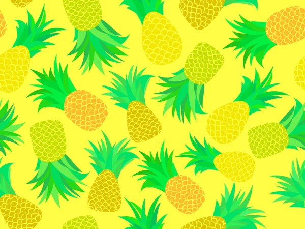 菠萝无缝图案 夏天的水果图案 带有黄色背景的菠萝果 T恤衫的热带设计 纸张和织物上的指纹 矢量说明 — 图库矢量图片
