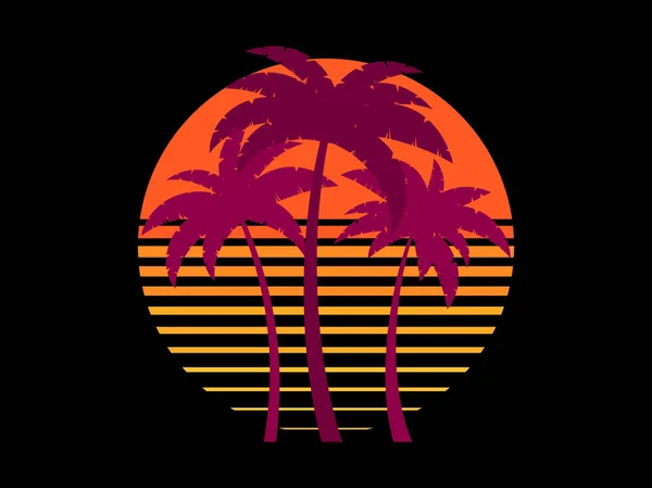 热带棕榈树日落时在未来80年代风格 夏天的时候 棕榈树的轮廓呈现出合成波和逆波的风格 设计广告小册子和横幅 矢量说明 — 图库矢量图片