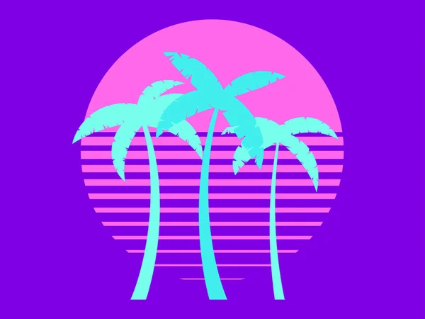 Sunset Palm Trees 80S Style Retro Futuristic Sun Outline Palm — Vetor de Stock