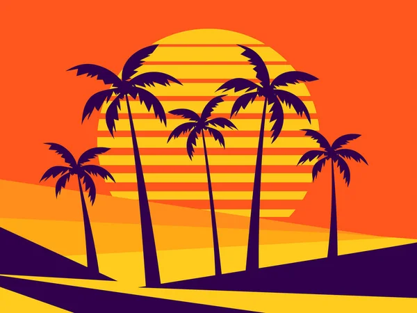Palm Trees Retro Sunset Background Tropical Palm Trees Backdrop Futuristic — Archivo Imágenes Vectoriales