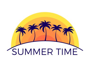 Günbatımında palmiye ağaçları olan yaz zamanı afişi beyaz arka planda izole edilmiş. 90 'ların tarzında güneş palmiyeleri olan tropik bir gün batımı. Tişört ve afiş basmak için tasarlandı. Vektör illüstrasyonu