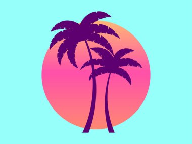 İki palmiye ağacı 80 'lerin tarzında değişen bir güneşe karşı. Yaz zamanı. Sentetik dalga ve retrodalga tarzı. Reklam broşürleri, afişler, posterler, seyahat acenteleri için tasarım. Vektör illüstrasyonu