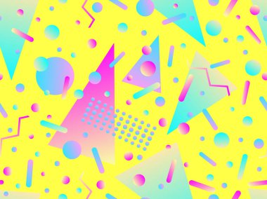 Geometrik gradyan şekilli kusursuz Memphis deseni. 80 'lerin tarzında renkli geometrik desen. Afişler, promosyon ürünleri ve posterler için tasarım. Vektör illüstrasyonu