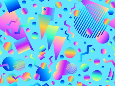 Geometrik gradyan şekilli kusursuz Memphis deseni. 80 'lerin tarzında renkli geometrik desen. Afişler, promosyon ürünleri ve posterler için tasarım. Vektör illüstrasyonu