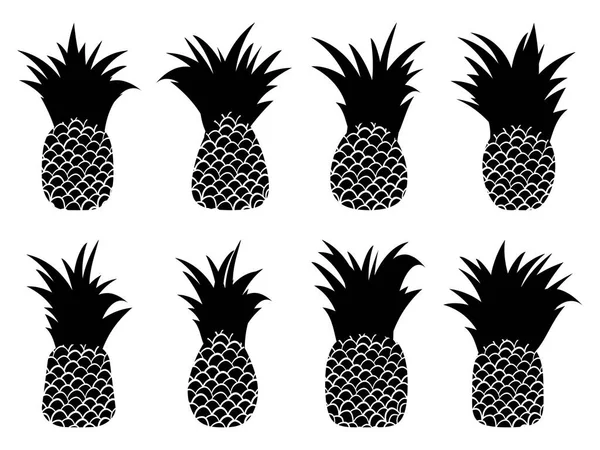 Černý Ananas Bílém Pozadí Ananasové Siluety Ananas Různých Tvarů Design — Stockový vektor