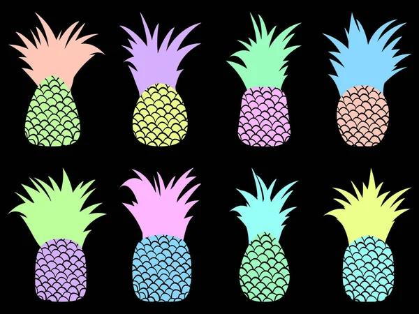 Sada Barevných Ananasů Izolovaných Černém Pozadí Letní Tropický Ovocný Ananas — Stockový vektor