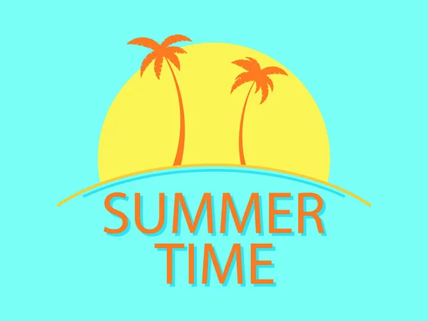 夏日横幅与文字和两棵棕榈树在日出 90年代风格的夏季热带日出 设计广告小册子 横幅和旅行社 矢量说明 — 图库矢量图片