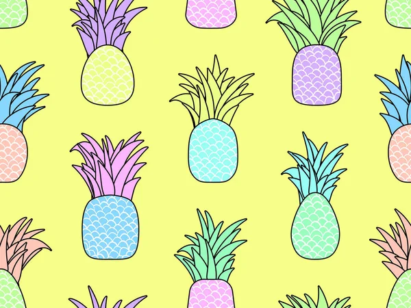 ストロークシームレスパターンを持つパイナップル 黄色の背景に葉を持つ夏のトロピカルフルーツパイナップル Tシャツ 紙や布にプリントのための熱帯デザイン ベクターイラスト — ストックベクタ