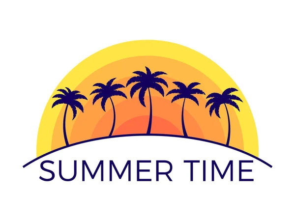 Sommerzeit Banner Mit Palmen Bei Sonnenuntergang Isoliert Auf Weißem Hintergrund — Stockvektor