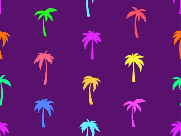 ヤシの木のシームレスなパターン 紫色の背景にカラフルなヤシの木と熱帯パターン Tシャツ バナー プロモーションアイテムを印刷するためのデザイン ベクターイラスト — ストックベクタ