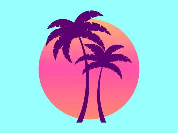 两棵棕榈树与80年代风格的渐变的太阳相对照 夏天的时候合成波和逆波风格 设计广告小册子 旅行社 矢量说明 — 图库矢量图片