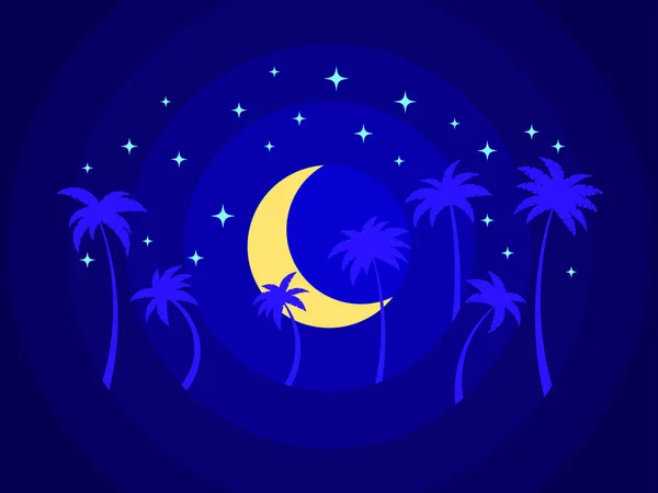 Luna Palme Stile Carta Tagliata Paesaggio Notturno Tropicale Con Palme — Vettoriale Stock