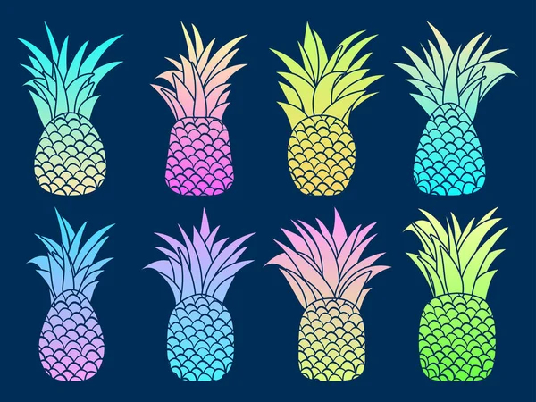 Set Von Bunten Ananas Mit Farbverlauf Isoliert Auf Weißem Hintergrund — Stockvektor