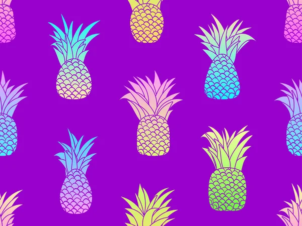 Lutande Ananas Sömlöst Mönster Sommarfruktsmönster Ananas Frukt Violett Bakgrund Tropisk — Stock vektor