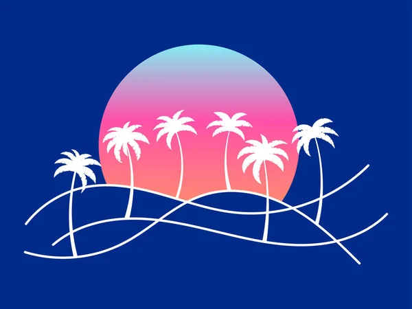 以棕榈树和在蓝色背景上升起的太阳构成的线条景观轮廓 夏季热带风景 风格简约 用于打印T恤衫和横幅的设计 矢量说明 — 图库矢量图片