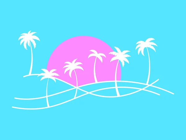 Linia Krajobraz Zarys Palmami Wschodzące Słońce Niebieskim Tle Letni Tropikalny — Wektor stockowy