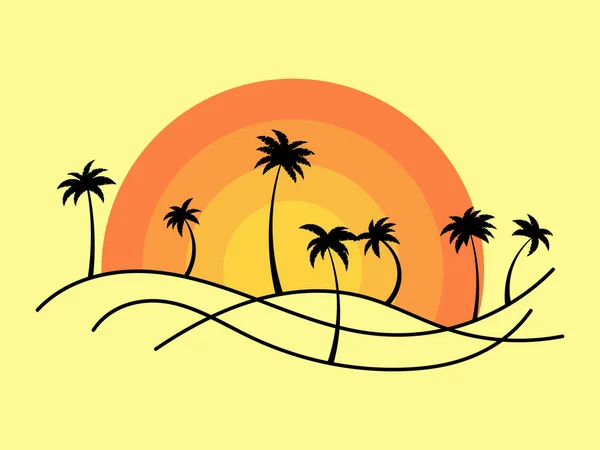 ヤシの木と黄色の背景に太陽が昇るラインの風景アウトライン ミニマルなスタイルで夏の熱帯の風景 Tシャツやバナーを印刷するためのデザイン ベクターイラスト — ストックベクタ
