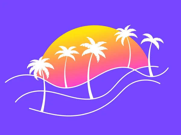 Lijnlandschap Met Palmbomen Rijzende Zon Een Violette Achtergrond Zomer Tropisch — Stockvector