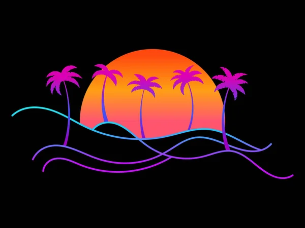 Linienlandschaftskonturen Mit Palmen Und Aufgehender Sonne Auf Schwarzem Hintergrund Tropische — Stockvektor