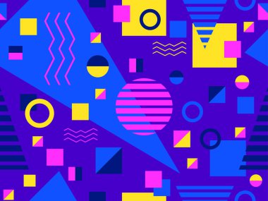 80 'lerin memphis tarzında geometrik şekilli kusursuz desen. Renkli geometrik desen. Promosyon ürünleri tasarımı, ambalaj kağıdı ve baskı. Vektör illüstrasyonu