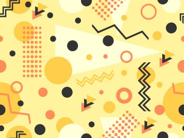 80 'lerin memphis tarzında geometrik şekilli kusursuz desen. Renkli geometrik desen. Promosyon ürünleri tasarımı, ambalaj kağıdı ve baskı. Vektör illüstrasyonu