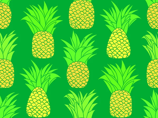 パイナップルシームレスパターン 夏の果物のパターン 緑の背景にパイナップル果実 Tシャツ 紙や布にプリントのための熱帯デザイン ベクターイラスト — ストックベクタ